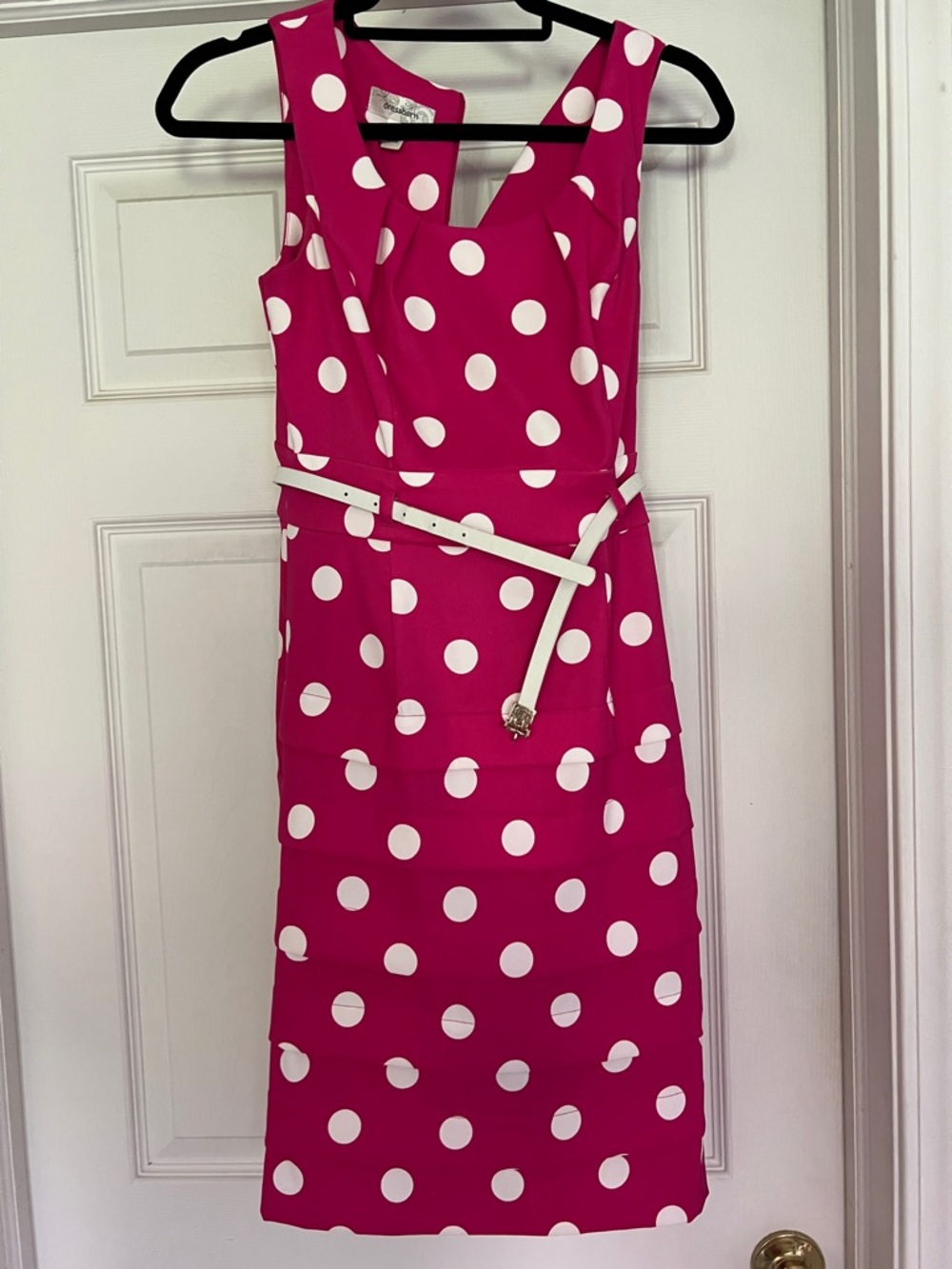Dress Barn Fuchsia Polka Dot Midi Dress with White Belt
